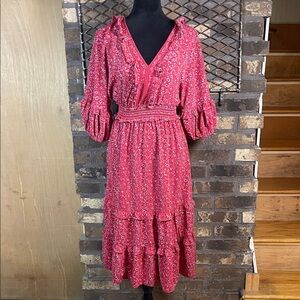Max Studio Empire Waist Dress Red Floral 3/4 Sleeve S